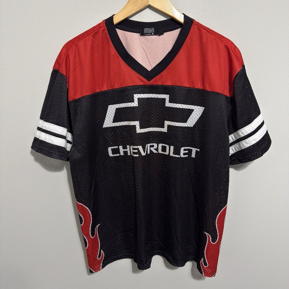 Chevrolet Racing Mesh Breathable Jersey Mens L Black Red White V-Neck Flames